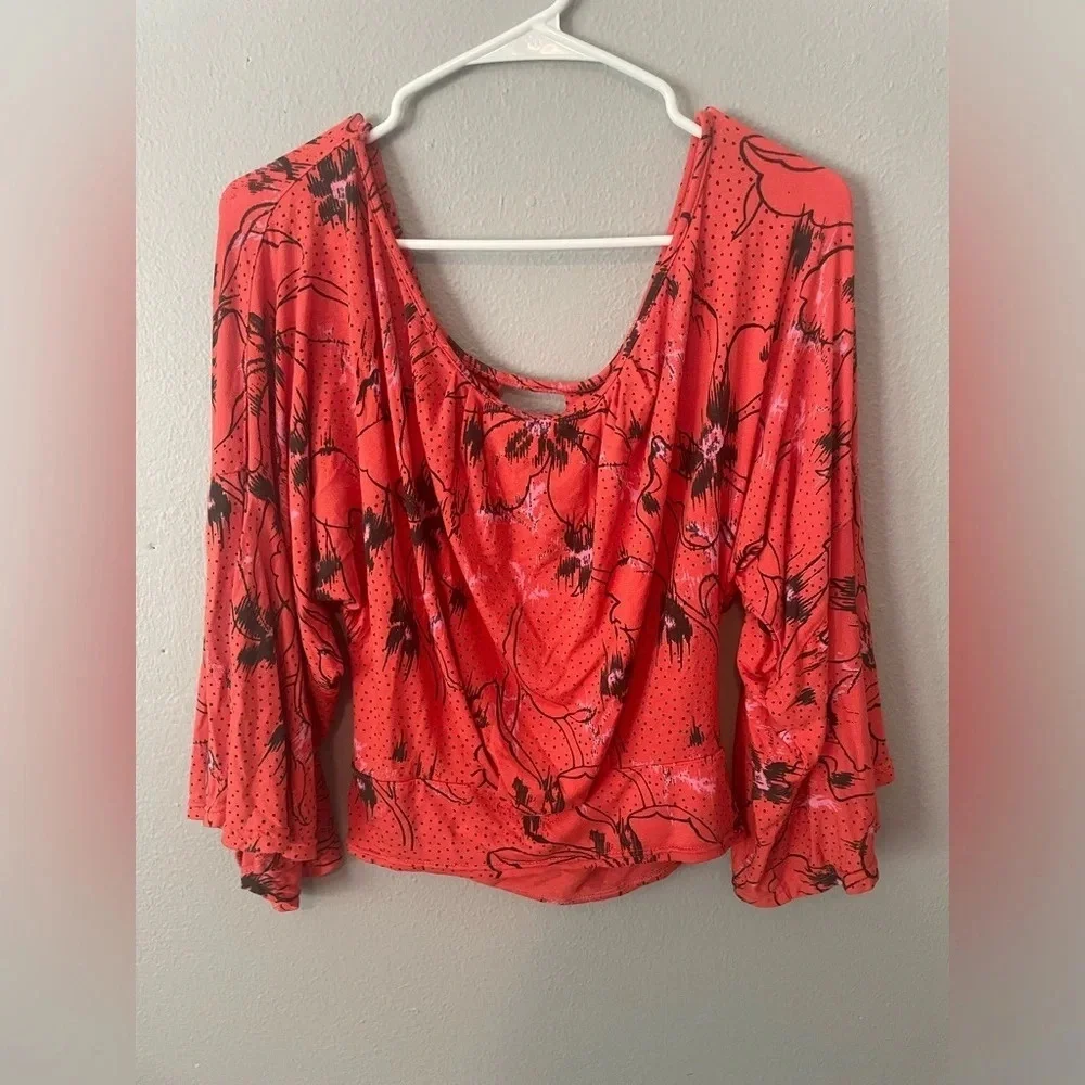 Free People Last Time Orange‎ Print Surplice Bell Sleeve Crop Top-size M NWT